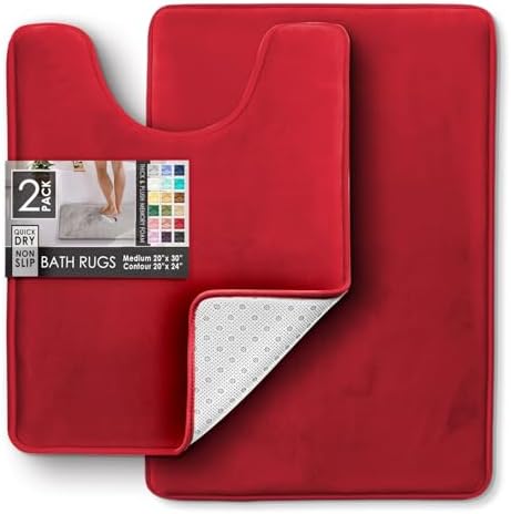 Clara Clark 2 Piece Bathroom Rugs, Velvet Memory Foam Bath Mat Set, Non-Slip Bath Rugs, Machine Wash, Dries Quickly, Ultra Soft Plush Bath Mats for Bathroom, 20 x 32 + Contour, Red
