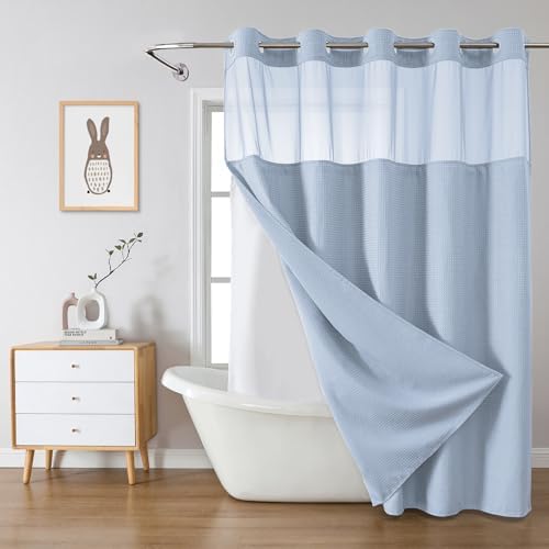 eachope FrostBlue Long No Hook Waffle Weave Shower Curtain with snap-in Liner Replacement, 230GSM Waterproof Fabric Hotel Shower Curtain Set for Bathroom, Through Mesh Top Window,71Wx80H