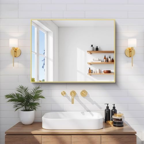 COFENY Gold Bathroom Mirror for Wall, 18x24 Inch Rectangle Mirror with Metal Frame, Modern Vanity Mirrors for Bathroom Living Room, Entryway Hangs Horizontal or Vertical