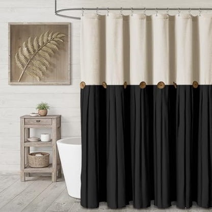 Farmhouse Shower Curtain Linen Button Cream-Black 72" W x 72" L