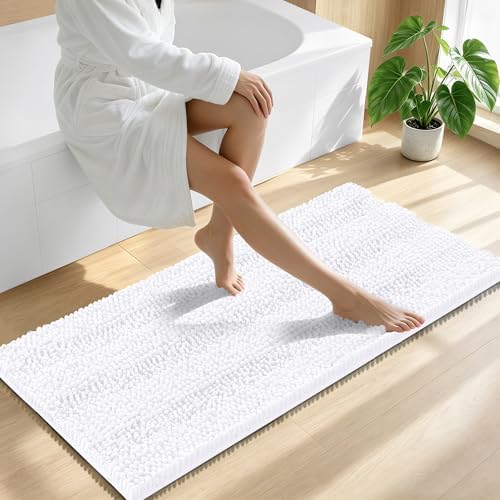 Smiry Thick Chenille Bathroom Runner Rugs 47x24, Absorbent Bath Mat, White