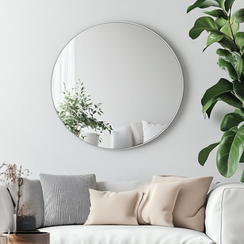 Oruii Round Mirror, 24 inch Silver Circle Mirror,Bruhsed Nickel Metal Frame