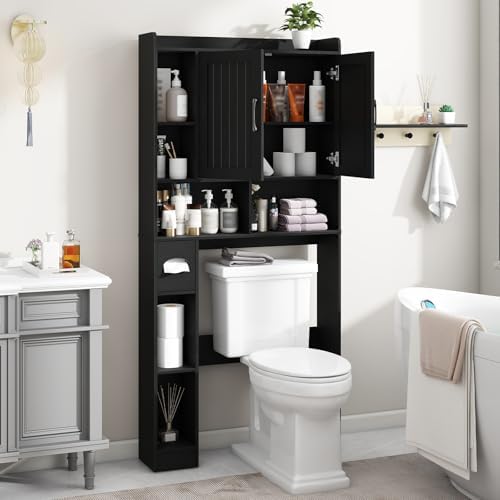 Vabches Farmhouse Over The Toilet Storage Cabinet with Barn Door, Black