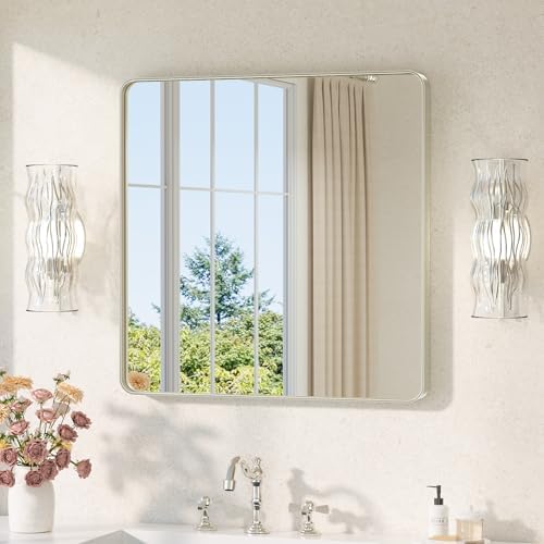 TETOTE Brushed Nickel Bathroom Mirror 30 x 30 Brushed Nickel Metal Framed Bathroom Mirror, Tempered Glass, Modern Farmhouse Wall Mounted Mirror for Decorative(Horizontal/Vertical)