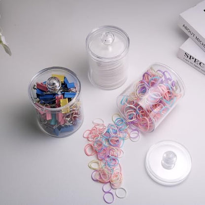 WEISHI 4 Pack Qtip Holder Dispenser - Cotton Ball, Swab, Round Pads, Floss , Small Clear Plastic Apothecary Jar Containers with Lids for Bathroom Storage and Organization, Vanity Organizer