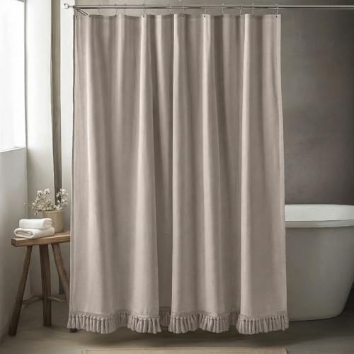 Linen Shower Curtain Boho Taupe Shower Curtain with Tassels 60"L x 72"L