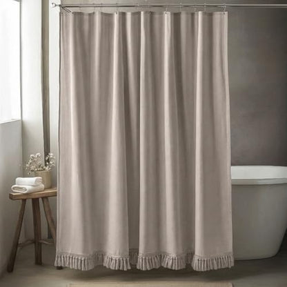 Linen Shower Curtain Boho Taupe Shower Curtain with Tassels 60"L x 72"L