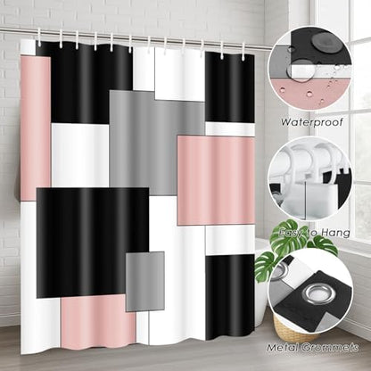 Bathroom Sets with Shower Curtain and Rugs, 4 Pcs, Geometric Pink