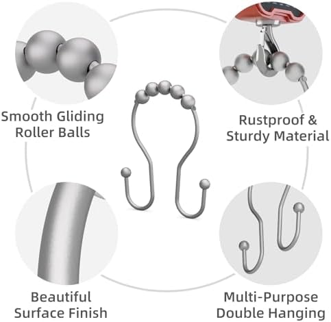 Shower Curtain Hooks Silver, Bathway Shower Curtain Rings Rust Proof, Shower Hooks for Shower Curtain Balanced Smooth Glide Double Shower Curtain Hooks, 12 Pcs