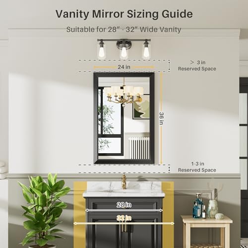 Briivue Black Metal Framed Bathroom Wall Mirror, 24x36 Inch