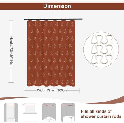 ORTIGIA Linen Shower Curtain Terracotta Farmhouse Vintage Floral Shower Curtains Burnt Orange Boho Rustic Curtains Block Print Cottagecore Decor for Bathroom 72 W x 72 L