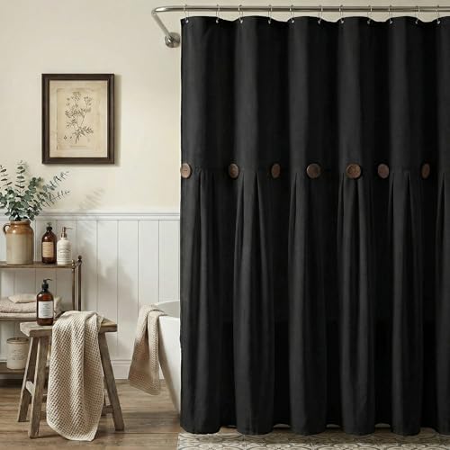 Farmhouse Shower Curtain Linen Button Rustic Black 72" W x 72" L