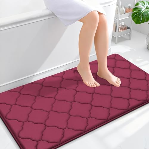 OLANLY Memory Foam Bath Mat Rug 44x24, Ultra Soft and Absorbent Bathroom Rugs, Non-Slip, Comfortable, Machine Washable Bath Carpet for Bathroom Floor, Tub, Shower and Home Decor Accessories, Burgundy