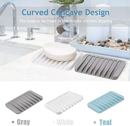Self Draining Soap Dishes, 3 Pcs Silicone Soap Saver, Waterfall Drainer Soap Holder for Bathroom, Extend Soap Life, Keep Soap Bars Dry Clean & Easy Cleaning (White)