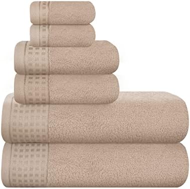 GLAMBURG 100% Cotton Ultra Soft 6 Pack Towel Set, Contains 2 Bath Towels 28x55 Inches, 2 Hand Towels 16x24 Inches & 2 Wash Coths 12x12 Inches, Compact Absorbent Lightweight & Quickdry - Tan