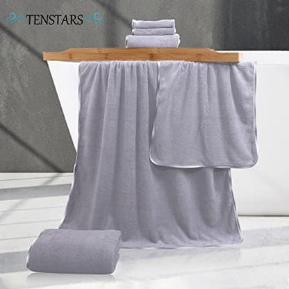 TENSTARS Luxury Silk Hemming Towel Set - Light Thin Quick Drying - 2 Bath Towels 2 Hand Towels 2 Washcloths - Ultra Soft Microfiber Towel for Bath Fitness, Sports, Yoga, Travel (Light Grey 6 Pieces)