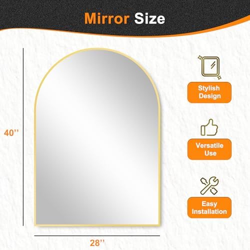 Delma Arched Bathroom Mirror, Gold, 28"x40"