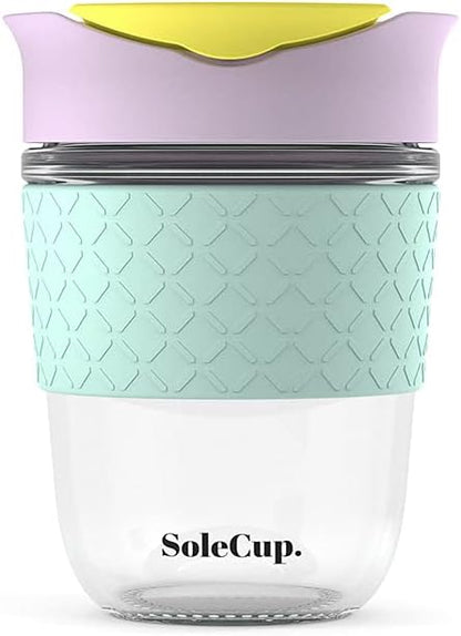 Reusable Strengthened Glass Travel Cup - Spill Proof Coffee Mug - 12oz/340ml BPA-Free Hot Drink Travel Mug with Lid & Silicone Band (Ice Cream, 12oz)