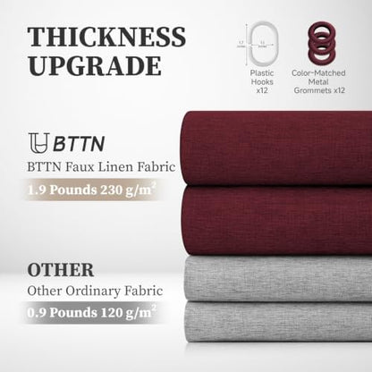 BTTN 72x80 Linen Textured Waterproof Fabric Shower Curtain Set, Burgundy