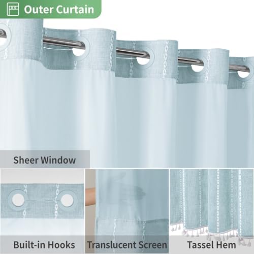 eachope Boho Farmhouse No Hook Shower Curtain with Liner,71x74,Fog Blue