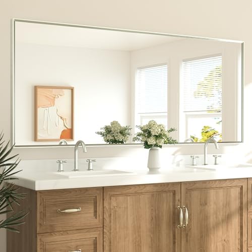 TETOTE Brushed Nickel Vanity Mirror for Bathroom 84" x 36" Beveled Frame Rectangle Bathroom Mirror for Over Sink Brushed Nickel, Tempered Glass, Stronger Frame, Modern Farmhouse Bedroom, Entryway