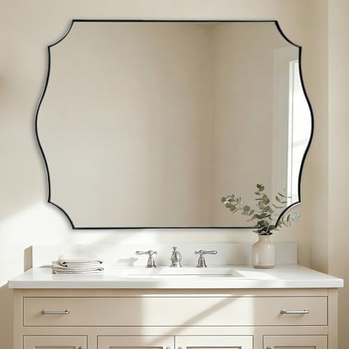 ANDY STAR Large Brushed Nickel Mirror, 30x40 Inch Scalloped Bathroom Mirror, Modern Rectangle Mirror with Unique Wavy Design, Ideal for Home Decor, Rust-Proof Stainless Steel 1" Frame