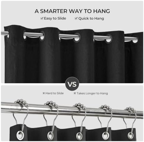 River Dream Linen Textured No Hooks Shower Curtain with Liner,Black,71x74