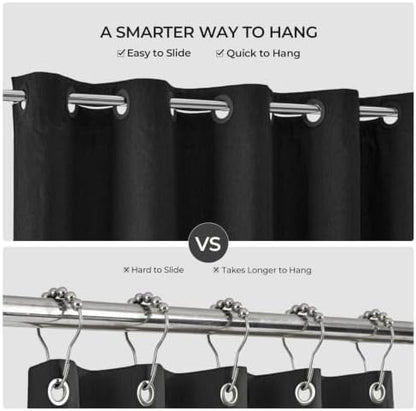 River Dream Linen Textured No Hooks Shower Curtain with Liner,Black,71x74