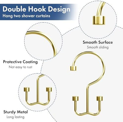 Bathway Shower Curtain Hooks Gold Shower Curtain Rings, 12 Pcs Metal Double Hooks Rings Rust Proof for Bathroom Shower Curtain Rod