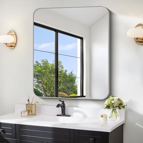 FORBATH 30x36 Inch Silver Bathroom Mirror for Over Sink, Large Rectangular Wall Mirror with Metal Frame, Rounded Corners for Bathroom, Bedroom, Entryway Decor (Horizontal or Vertical)