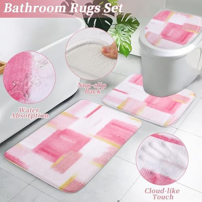 XLHOMO Bathroom Set - Pink and Gold Bathroom Accessories Set, Bathroom Sets with Shower Curtain and Rugs, Pink Shower Curtain Set with Bathroom Trash Can, Soap Dispenser, Soap Dish for Home Decor