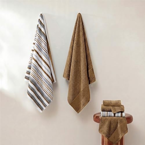 Modern Threads 6 Piece Bath Towel Set – Bathroom Towel Set with 2 Bath Towels, 2 Hand Towels & 2 Washcloths – 100% Cotton, Soft & Absorbent – Wide Stripe (Gold)