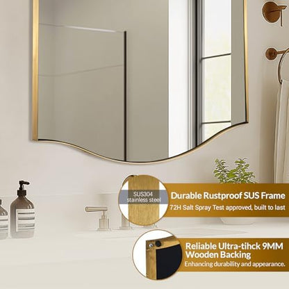 ANDY STAR Gold Bathroom Mirror, 24"x30" Scalloped Wall Mirror in Stainless Steel Metal Frame, Unique Vanity Mirror with Modern Curved Edge Design, Ideal for Bathroom, Bedroom, Entryway