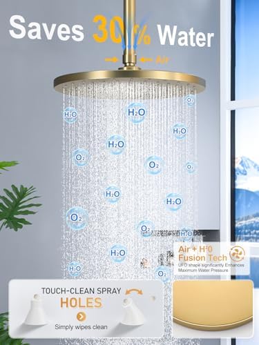 Woindo Shower Faucet Set 10" Rain Shower Head/8'' Side Shower Head and 3 Setting Handheld Ceiling Mount 3 Push Button Diverter Complete Rainfall Round Shower System Included Valve Trim Kit