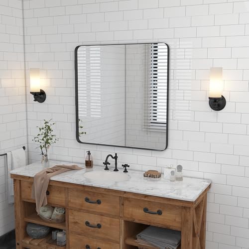 VocalStar Black Bathroom Mirror for Wall, 36 x 36 Inch Rounded Rectangle Metal Framed Bathroom Wall Vanity Mirror Farmhouse, 1/4-inch Shatterproof Glass | Ultra-Flush Hanging