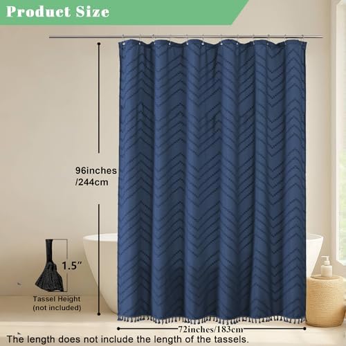 OWENIE Extra Long Dusty Blue Boho Shower Curtain, Chic Tufted Chevron Striped Textured Cloth Fabric Shower Curtains with Tassel for Bathroom, Soft Hotel Style Farmhouse, Machine Washable, 72x96