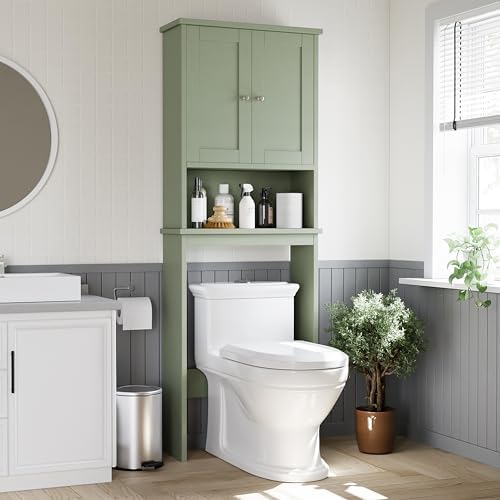 Shintenchi Over the Toilet Storage Cabinet, Bathroom Shelf Organizer with Anti-Tip Device Small Freestanding Space Saver with Adjustable Shelf，Green