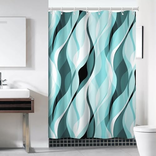 Teal Striped Shower Curtain with Hooks for Bathroom 60x72 Inch