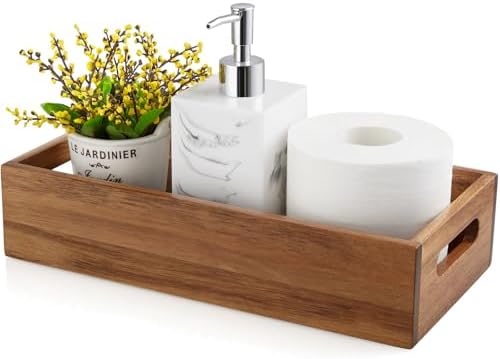 ALELION Acacia Wood Bathroom Storage Basket for Organizing - Toilet Paper Basket with Handle for Back of Toilet Tank Top Topper - Small Narrow Baskets for Kitchen Pantry Garage Laundry Room Storage