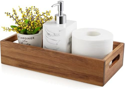 ALELION Acacia Wood Bathroom Storage Basket for Organizing - Toilet Paper Basket with Handle for Back of Toilet Tank Top Topper - Small Narrow Baskets for Kitchen Pantry Garage Laundry Room Storage