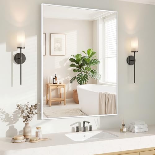 Koonmi White Rectangle Wall Mirror, 30x40 Inch Bathroom Mirror, Aluminum Frame Vanity Mirror for Entryway, Living Room, Bedroom Bathroom, Hangs Horizontally or Vertically