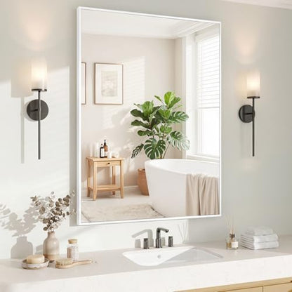 Koonmi White Rectangle Wall Mirror, 30x40 Inch Bathroom Mirror, Aluminum Frame Vanity Mirror for Entryway, Living Room, Bedroom Bathroom, Hangs Horizontally or Vertically