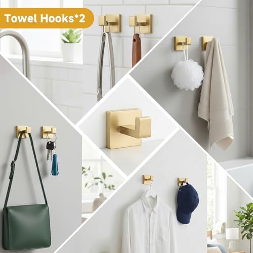 5-Piece Brushed Gold Bathroom Accessory Set, 16 Inch Bathroom Hardware Set, Towel Racks for Bathroom, SUS304 Stainless Steel Wall Mounted Bath Towel Bar Set