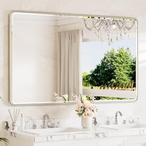 TETOTE Brushed Nickel Framed Bathroom Mirror 60 x 36 Large Beveled Edge Tempered Glass, Rounded Corner Rectangle Bathroom Mirror for Modern Bathroom, Living Room, Bedroom, Entryway