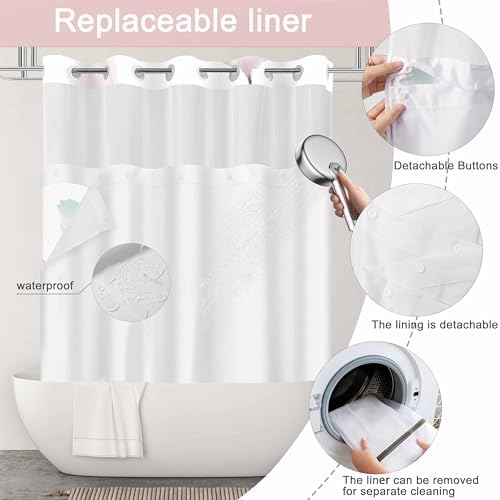 No Hook Shower Curtain and Liner Set, Light Pink Boho Floral 71x77