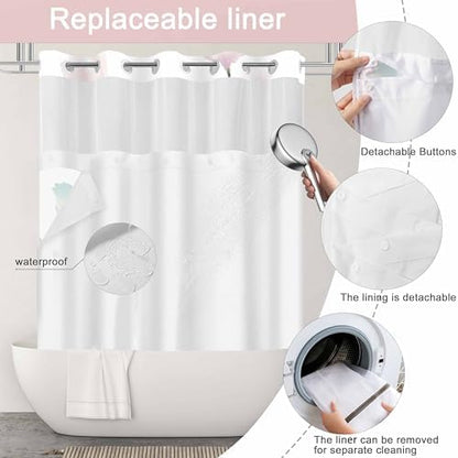No Hook Shower Curtain and Liner Set, Light Pink Boho Floral 71x77