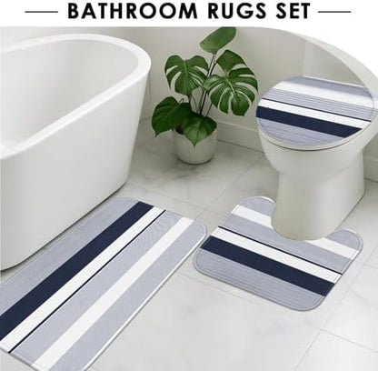 Bathroom Sets with Shower Curtain and Rug 4 Pcs Abstract Navy Blue