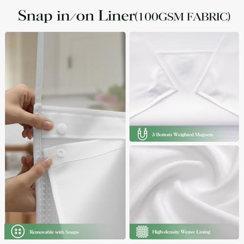 Dynamene White Hook Free Waffle Shower Curtain & Snap-in Fabric Liner,72x75
