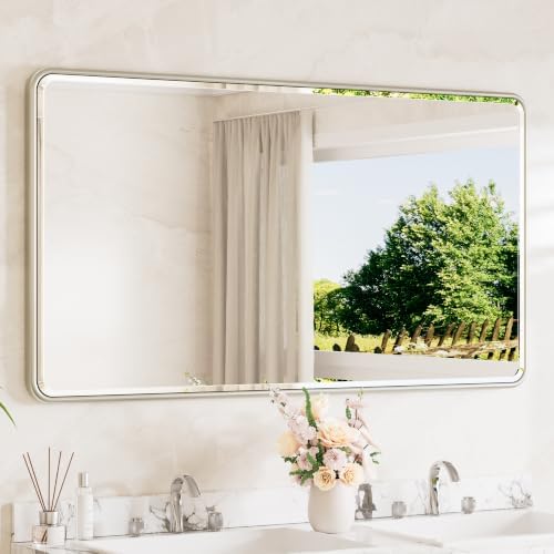 TETOTE Brushed Nickel Vanity Mirror for Bathroom 55 x 30 Beveled Edge Tempered Glass, Rounded Corner Rectangle Wall Mirror for Modern Bathroom, Living Room, Bedroom, Entryway
