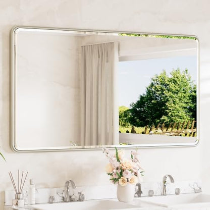 TETOTE Brushed Nickel Vanity Mirror for Bathroom 55 x 30 Beveled Edge Tempered Glass, Rounded Corner Rectangle Wall Mirror for Modern Bathroom, Living Room, Bedroom, Entryway